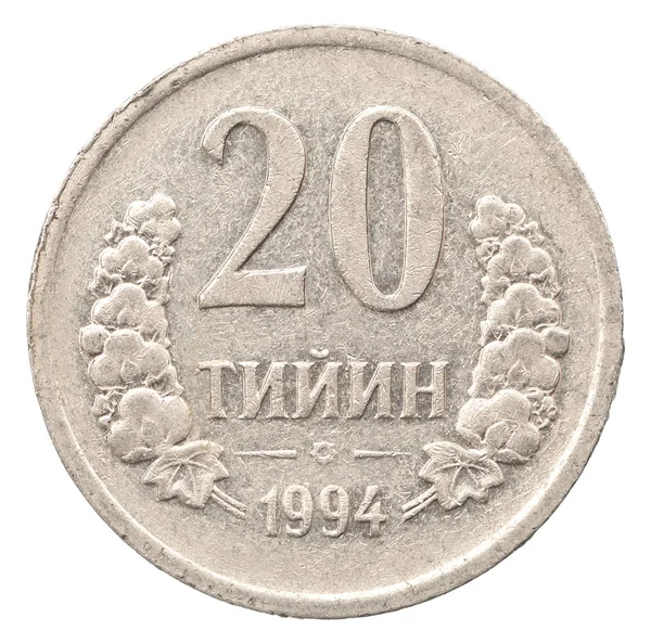 Moneda Uzbeka Tiin Aislada Sobre Fondo Blanco — Foto de Stock