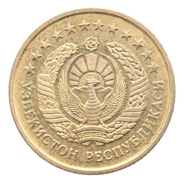 Moneda Uzbeka Con Imagen Del Escudo Armas Aislado Sobre Fondo — Foto de Stock