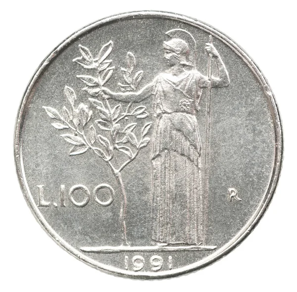 100 Lirów Włoskich Wizerunkiem Minerva Stojący Gospodarstwa Oliwnego Drzewa Białym — Zdjęcie stockowe