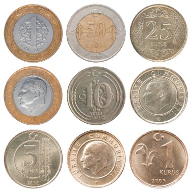 Tam Set Türk Lirası sikke ve beyaz zemin üzerine kuruş