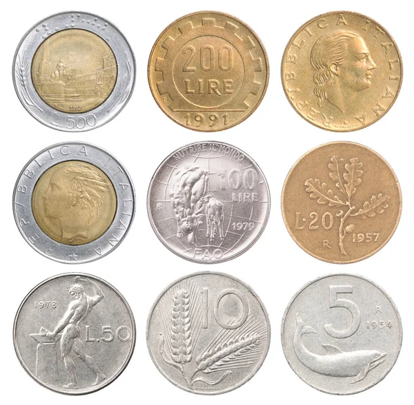 Πλήρη Σειρά Από Ιταλικά Κέρματα Μέχρι Ευρώ Που Απομονώνονται Λευκό — Φωτογραφία Αρχείου