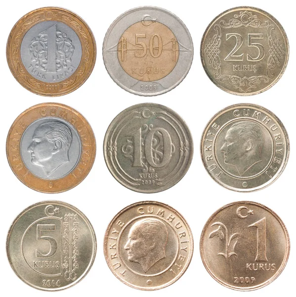 Set Completo Monedas Lira Turca Kurus Sobre Fondo Blanco — Foto de Stock