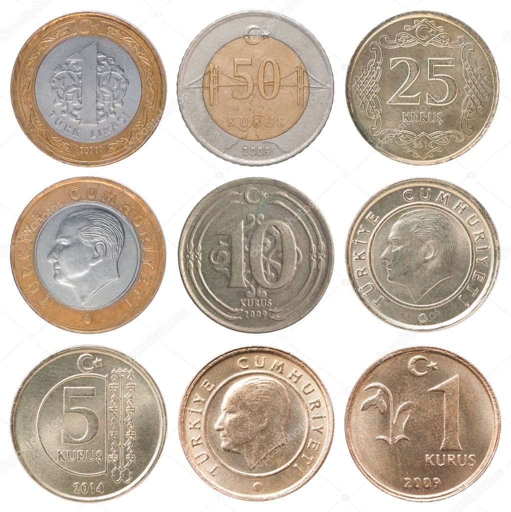 Full Set Turkish lira coins and Kurus on a white background