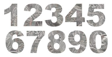 0-9 sayı kümesi beyaz arka plan üzerinde izole Amerika paralar