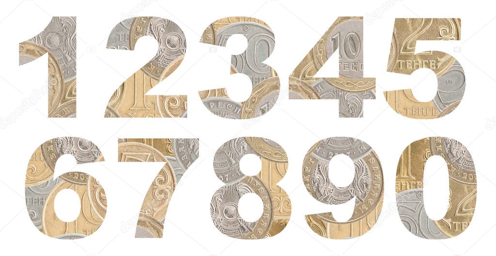 Set of numbers from 0 to 9 coins Kazakhstan Isolated on white background