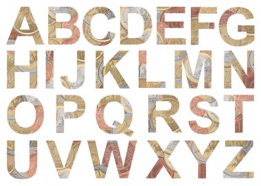 Alfabe harfleri sikkelerin Euro beyaz arka plan üzerinde izole.