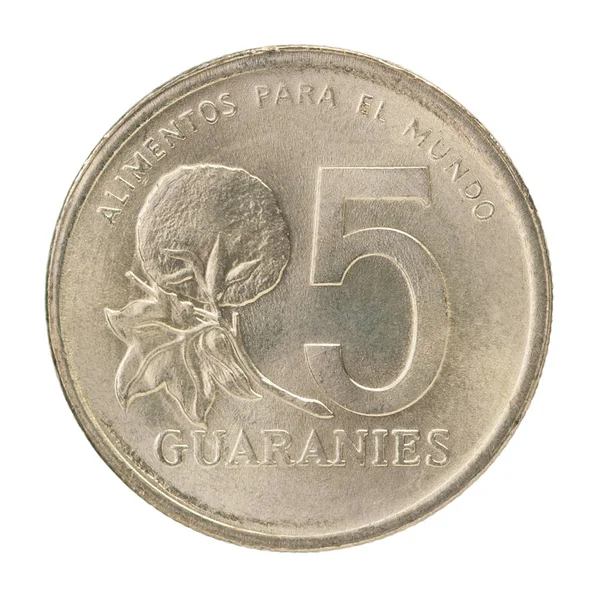Ять Парагвайський Гуарані Монет Написом Alimentos Para Mundo Ізольовані Білому — стокове фото