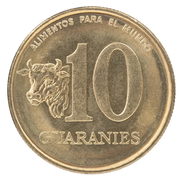 Diez Monedas Guaraníes Paraguayas Aisladas Sobre Fondo Blanco — Foto de Stock
