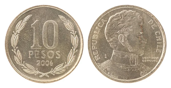 Moneda Diez Pesos Chilenos Aislada Sobre Fondo Blanco Set — Foto de Stock