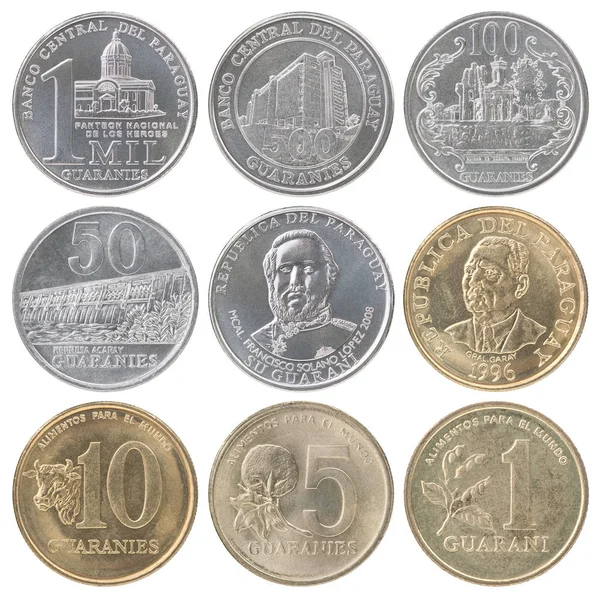 Conjunto Completo Monedas Paraguay Aisladas Sobre Fondo Blanco — Foto de Stock