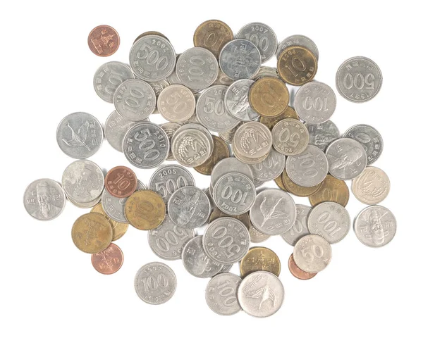 Σωρό Από Διαφορετικά Νομίσματα Νότιας Κορέας Που Απομονώνονται Λευκό Φόντο — Φωτογραφία Αρχείου