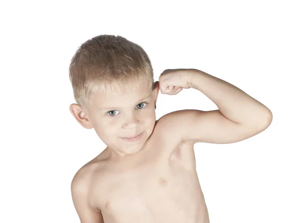 小男孩正在展示他的手臂肌肉 — 图库照片