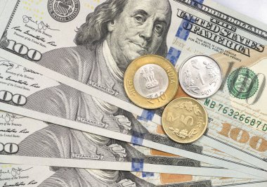 Dolar banknotlarının üstüne Hint Rupisi sikke