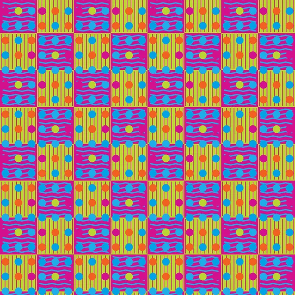 Abstraktes Sich Wiederholendes Muster Aus Mehrfarbigen Linien Quadraten Und Kreisen — Stockvektor