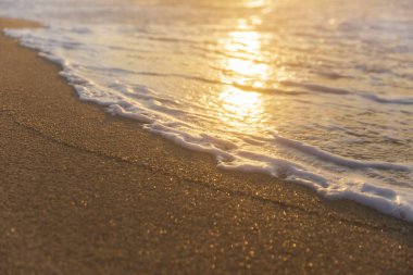 Gün batımında sahil sahilinde deniz suyundan köpük