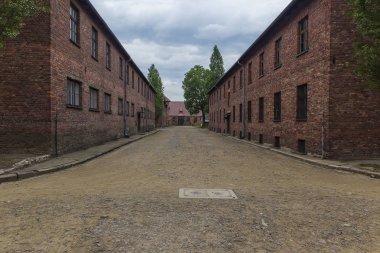 Auschwitz, Polonya - Ağustos 2019:Courtyard at Auschwitz Concentra