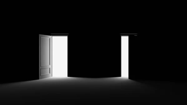 Jasné bílé světlo osvětlující černý pokoj přes dveře.3d r — Stock fotografie