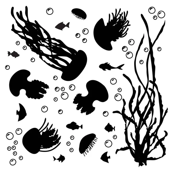Siyah Beyaz Balık Siluetleri Denizanaları Denizde Yüzerler — Stok Vektör