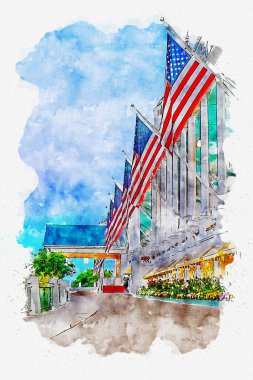Beyaz Sütun Binası 'ndan Amerikan Bayrakları Havada Dalgalanıyor. Resimle suluboya resmin karışımı. Mackinac Adası, Michigan.