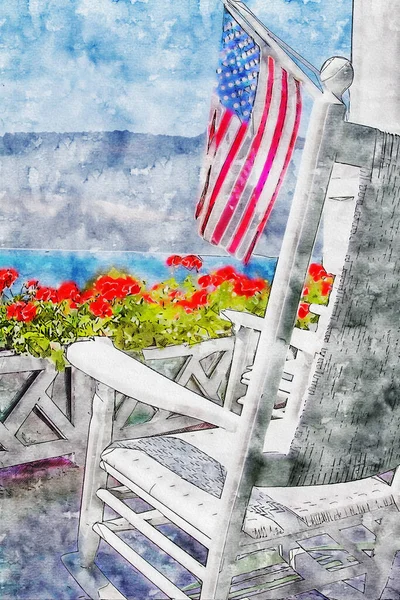 Red Geranium American Flag Rocking Chair Комбінація Ескізного Малюнка Аквареллю — стокове фото