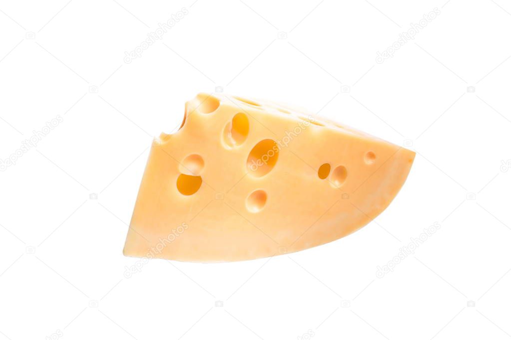 A piece of Dutch cheese with holes close-up on a white background, good for designing a restaurant or shop menu