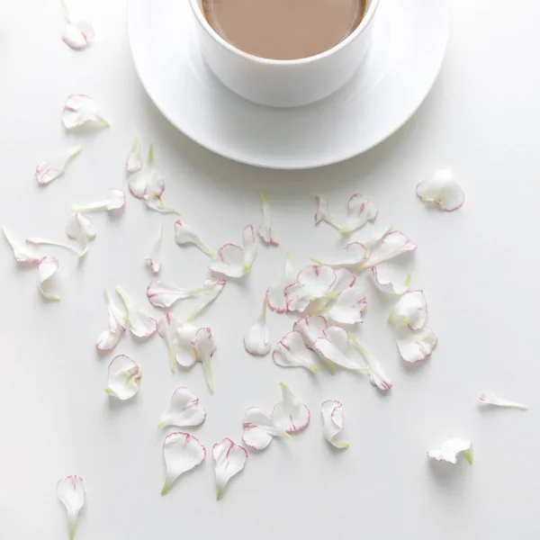 바탕에 카네이션 꽃잎과 커피의 하다입니다 — 스톡 사진
