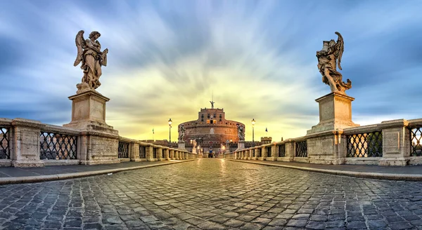 Panoramic Low Angle View Sant Angelo Bridge Castle Sunrise Rome — Stock Photo, Image