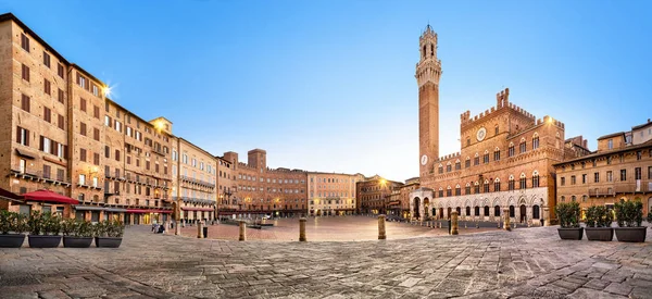 Panoráma Siena Olaszország Piazza Del Campo Tér Gótikus Városháza Épület — Stock Fotó