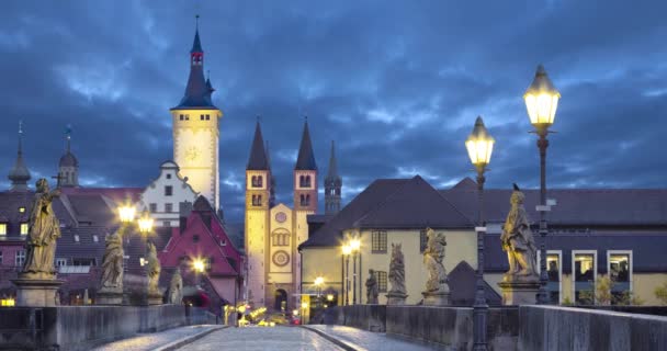 Gamla Stan Würzburg Tyskland Skymningen Visa Från Gamla Main Bridge — Stockvideo