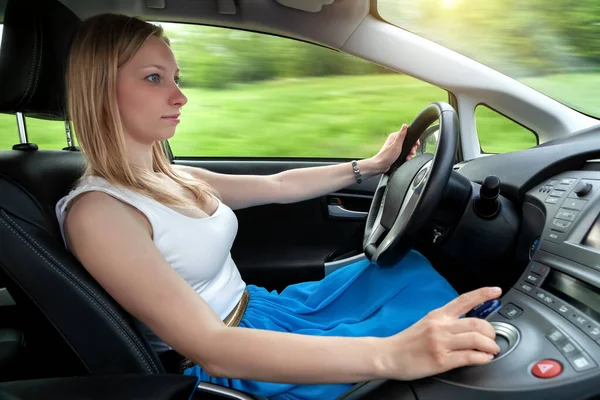 Young Woman Fastened Seat Belt Driving Car Stock Photo