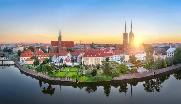 Wroclaw Poland Panoramic Aerial View Cathedral Island Ostrow Tumski Sunrise Stock Picture