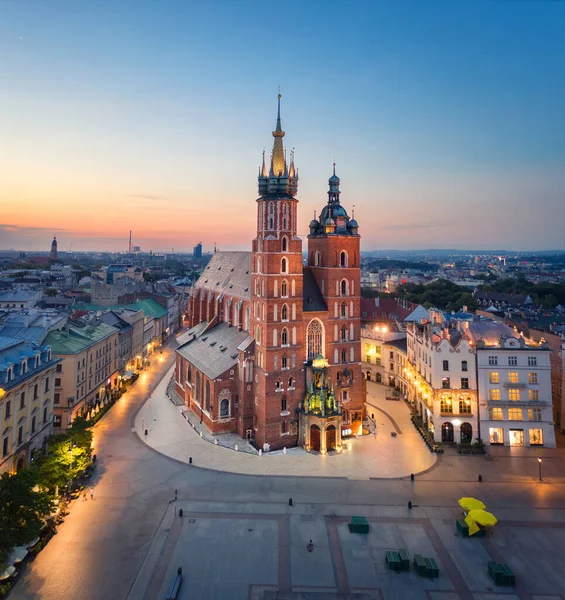 Krakow Poland Aerial View Illuminated Mary Basilica Bazylika Mariacka Sunrise Stock Image