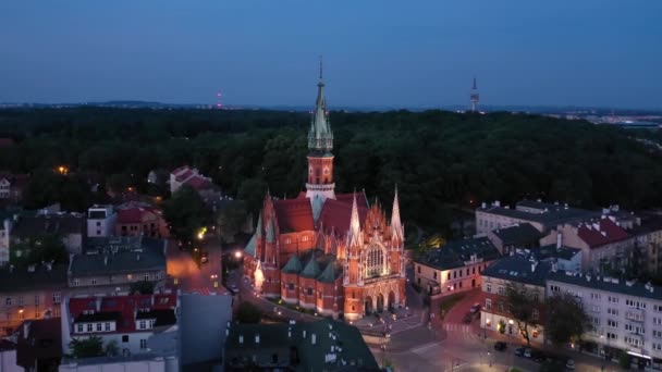 Aerial View Gothic Saint Joseph Church Dusk Krakow Poland — Stock Video