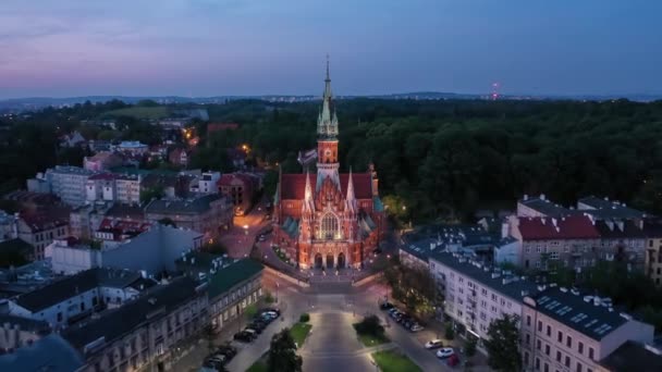 Flygfoto Över Gotiska Saint Joseph Kyrkan Skymningen Krakow Polen — Stockvideo