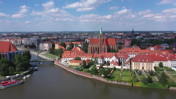 Wroclaw Polonia Vista Aérea Panorámica Isla Catedral Ostrow Tumski — Vídeo de stock