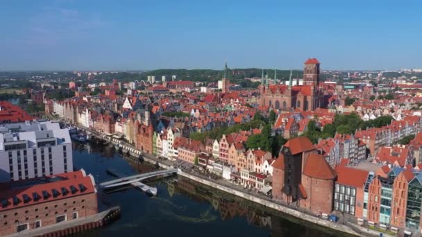 Gdansk Poland Aerial View Historic Old Town Embankment Motlawa River — Stock Video
