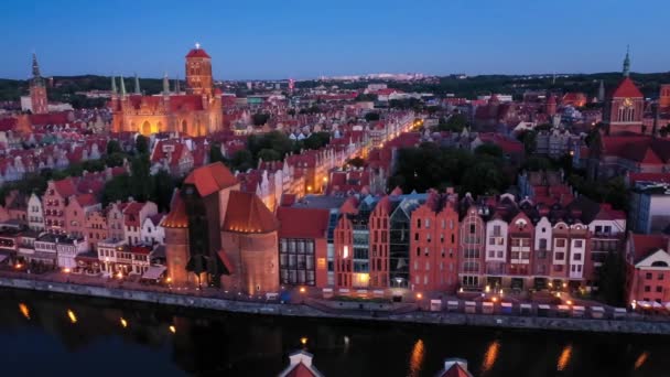 Gdansk Poland Aerial View Dusk Historic Old Town Embankment Motlawa — Stock Video