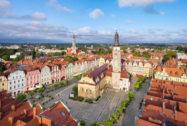 Boleslawiec Polsko Letecký Pohled Rynkovo Náměstí Historickými Barevnými Budovami Radnicí — Stock fotografie