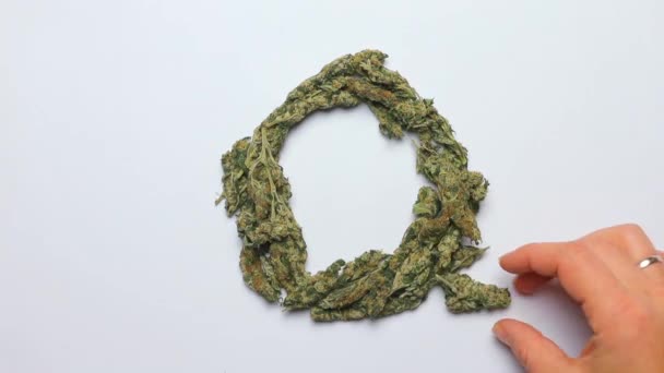 Hand makes the letter Q of the English alphabet from cannabis — ストック動画