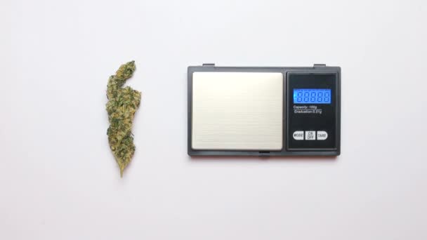 Zbliżenie do elektronicznej skali, obok niej leży narkotyczna marihuana medyczna. — Wideo stockowe