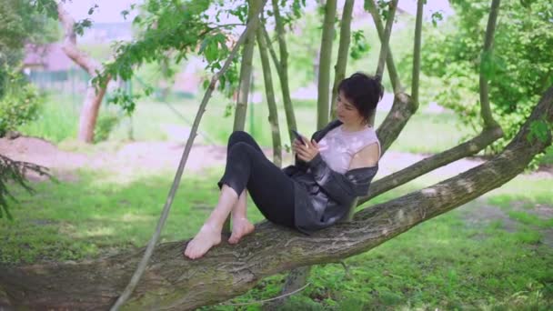 Mujer se sienta en un árbol, usa el teléfono — Vídeos de Stock