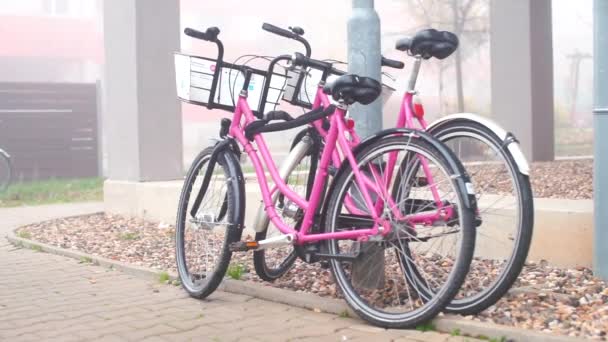 Bicicletas rosadas aparcadas cerca de un edificio residencial — Vídeo de stock