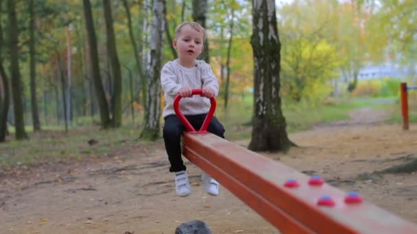 A criança monta em um balanço de equilíbrio — Vídeo de Stock