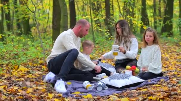 Famiglia amichevole che fa un picnic nella foresta autunnale — Video Stock