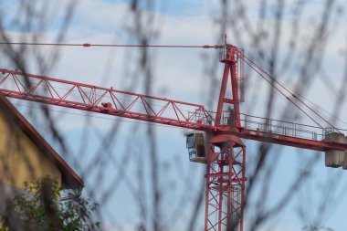 A striking red construction crane stands prominently against a clear blue sky, framed by trees. Perfect for themes of construction, urban development, and industrial growth.