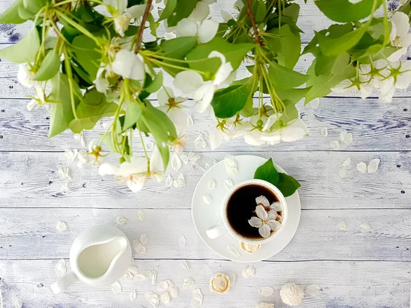 開花中のリンゴの木を背景にお菓子とコーヒーカップ. — ストック写真