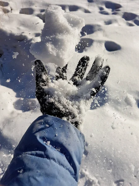 Ein Mädchen Handschuhen Hält Reinweißen Schnee Der Hand Hochwertiges Foto — Stockfoto