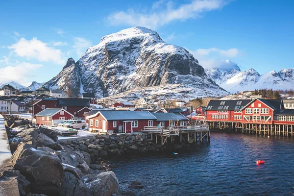 Szuper Nagy Látószögű Téli Havas Gyönyörű Kilátással Falu Norvégia Lofoten — Stock Fotó