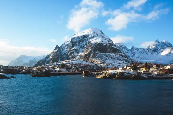 Bonita Vista Nevada Inverno Super Grande Angular Vila Pescadores Noruega — Fotografia de Stock