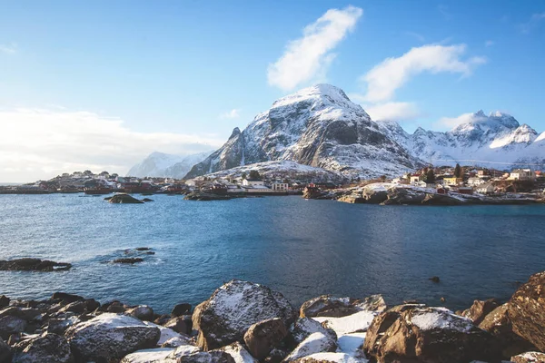 Vacker Supervidvinkel Vintern Snöiga Utsikt Över Fiske Norge Lofoten Öarna — Stockfoto